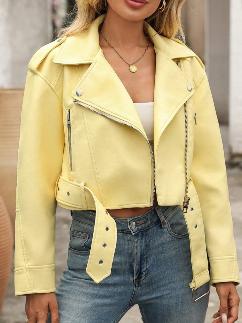 Bright Yellow Casual Women's Minimalist Zip-Up faux leather Short Jacket - Picture 1 of 7